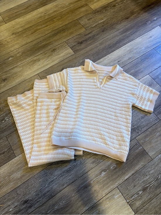 Amazon Pants - Women’s cream Textured Polo Sweater Top and matching bottoms from Amazon